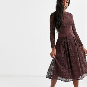 ASOS DESIGN Tall long sleeve dress in lace with geo lace trims in Chocolate